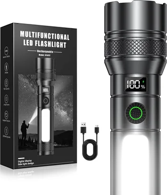 TuyLuxe Taschenlampe LED wiederaufladbar Kleinlampen mit Seitenlicht | 7 Modi, Digitaler Batterieanzeige, 1200 mAh Zoombar