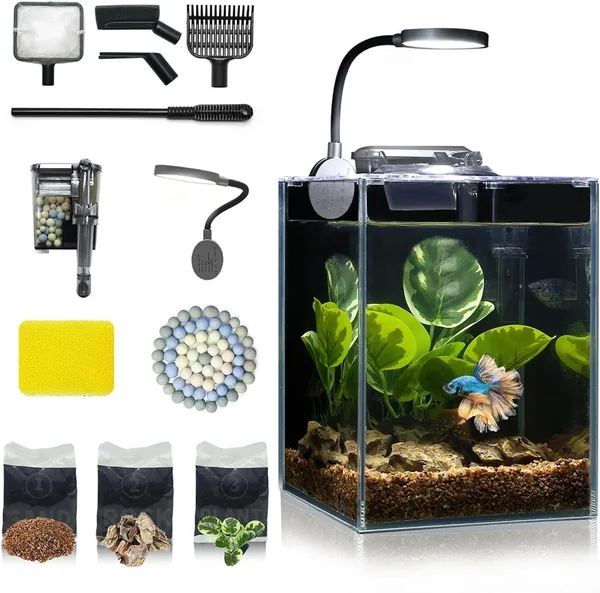 Complete 5L Glass Fish Tank Kit - 15x15x20cm Desktop Aquarium with Filter, Heater, Thermometer, Cleaning Set, Magnetic Scraper, Sand, Rock & Artificial Plant