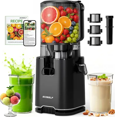 ECOSELF 3-in-1 Cold Press Juicer with 3 Filters for Juice, Nut Milk & Sorbet, 6.0" Extra Large Feed 