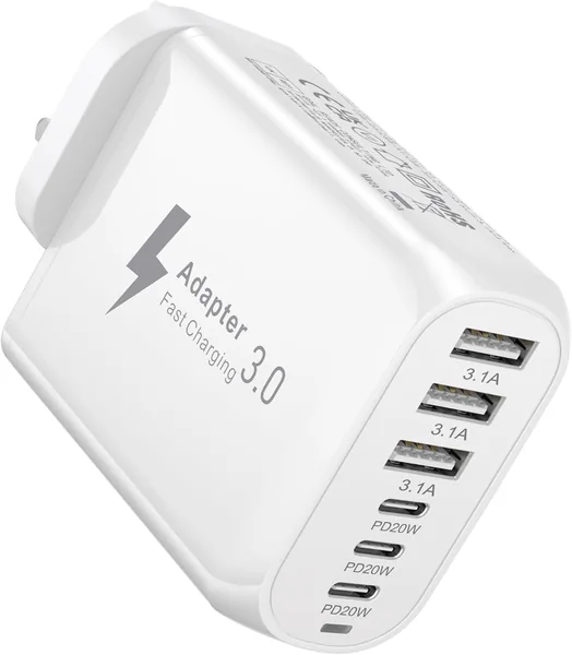 USB C Plug Fast Charge, 60W 6 Ports Multi Charger Plug Main UK Power Adapter USB Wall Charge, 3 Type