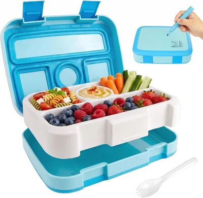 KIROGILY Lonchera Niño y Niña, 4 Compartimentos, Tapa Pizarra | A prueba de fugas, sin BPA, estilo Bento Box, apto microondas