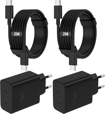 Caricabatterie USB C 2x45W, Rapida e Multipla con Cavi USB-C 2M+2M, Presa di Potenza per Samsung S26