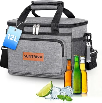 Cool Bag 12L with Shoulder Strap, Small and Foldable, Waterproof, Grey | Thermal bags with bottle op