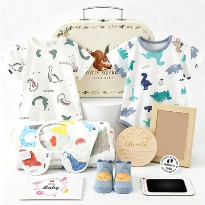 Baby Gift Set for Boys & Girls - 2 Rompers + Bib + Socks + Muslin Cloths + Milestone Cards