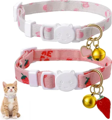 PEOVLVN 2 Pack Cat Collars Breakaway Cute Kitten Collar with Bell Pink Strawberry and White Heart Shaped Pendant Adjustable Best Deal