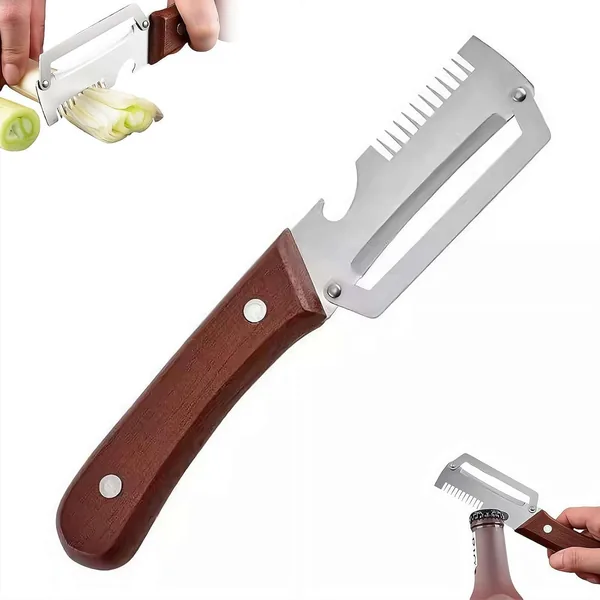 Multifunctional Peeler with Wooden Handle and Bottle Opener, 3 in 1 Stainless Steel Kitchen Peeler, Ergonomic Peeler for Potato, Carrot, Pumpkin