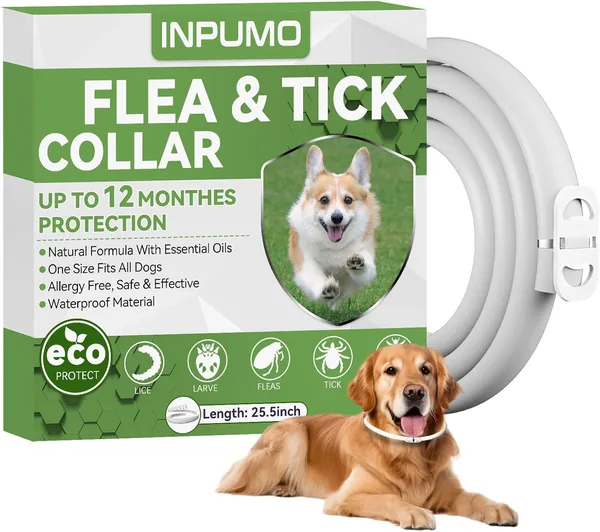 Collar Antiparasitario Inpumo para Perros, Fórmula Natural Segura, Impermeable, Ajustable, Protección de 12 Meses