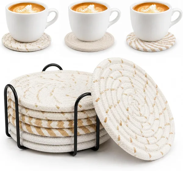 ZRHI Cotton Woven Coasters for Drinks 6pcs Absorbent Heat Resistant 4.4 Inch Diameter Set