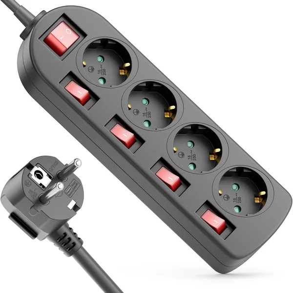 deleyCON 4-Way Power Strip - On/Off Switch - Individually Switchable - 1.4 m Cable
