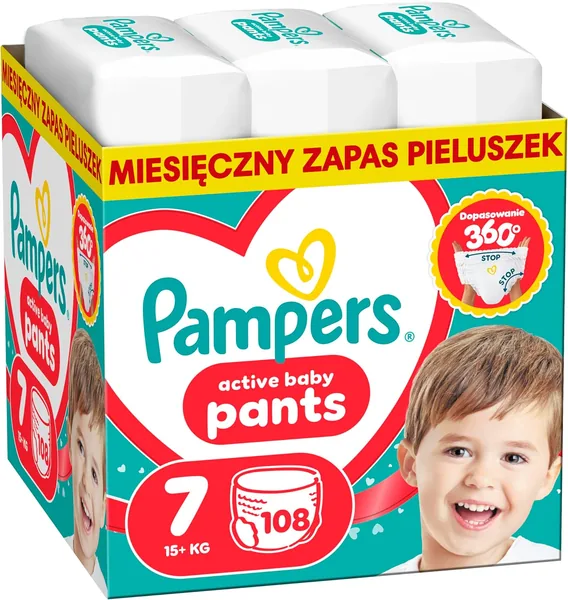 Pampers Active Baby pieluchomajtki, rozmiar 7, 108 szt., dla dzieci od 15+ kg, zapewniają 100% suchości w nocy i optymalny komfort skóry - Najlepszy Ceny