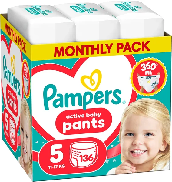 Pampers Active Baby pieluchomajtki, rozmiar 5, 136 szt., dla dzieci od 11 do 17 kg, maksymalna suchość w nocy i komfort skóry - Najlepsza oferta