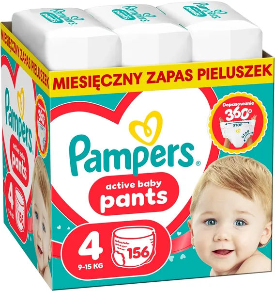 Pampers Active Baby Pieluchomajtki Rozmiar 4, 156 szt., dla dzieci od 9 do 15 kg, maksymalna suchość w nocy i optymalny komfort skóry - Najlepsza cena