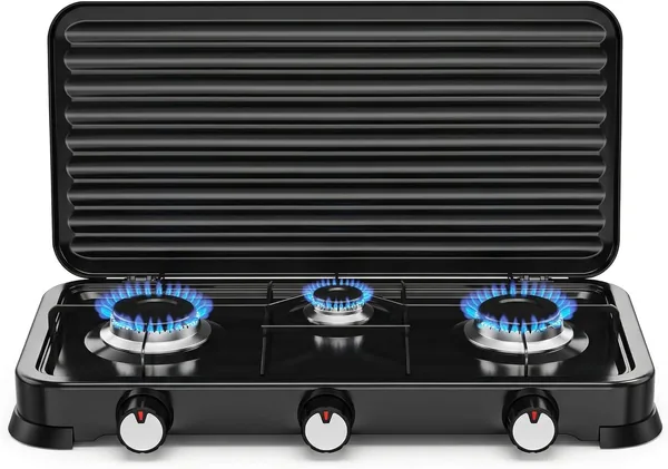 Cocina de Gas Portátil 3 Quemadores 5.4kW - Estufa Butano/Propano para Acampada con Tapas, Fuego Ajustable, Alta Potencia
