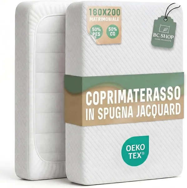 BCSHOP Coprimaterasso Matrimoniale 180x200x 27cm Elasticizzato con Angoli - Copri Materasso Matrimoniale in Spugna Jacquard Certificato Oeko Tex