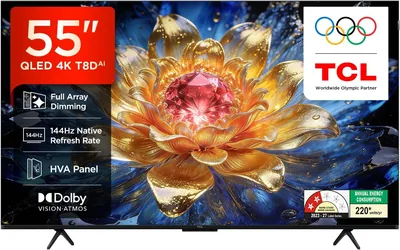 TCL 139 सेमी (55 इंच) 4K UHD स्मार्ट QLED गूगल टीवी 55T8D | 43% ऑफ