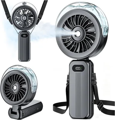 Ventilatore portatile con atomizzatore - Mini USB Ricaricabile Fan | 6000mAh 3-in-1 Piccolo Collo Tavolo Mano Ventilatore con 4 Velocità & Display LED