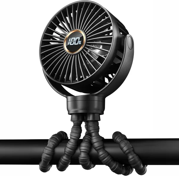 TUNISE Ventilatore da Passeggino Ricaricabile con Clip, Motore Brushless Silenzioso, Display LED, 3 Velocità, Rotazione 360°