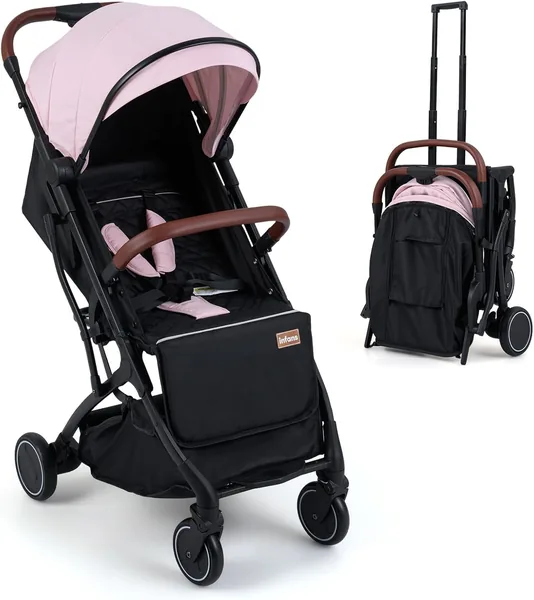 INFANS Travel Stroller, Lightweight Compact Baby Stroller for Airplane with One-Hand Fold, Multi-Position Recline, Canopy, 4 Wheel Suspension, Storage Basket (Pink+Black)