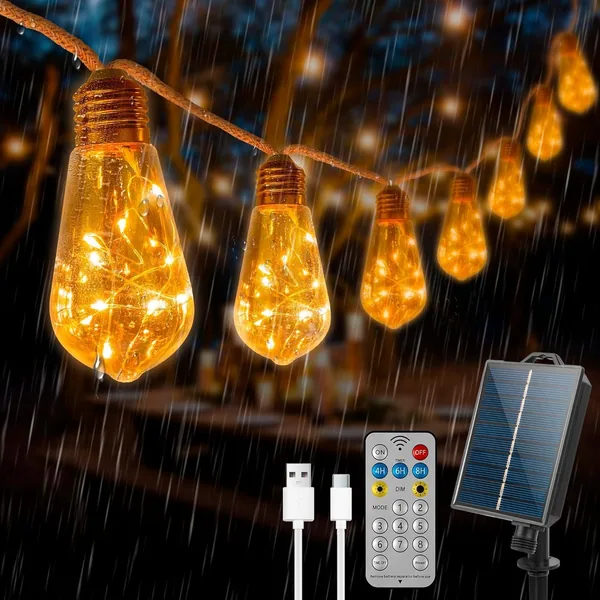 Outdoor String Lights Solar String Lights with 16 Bulbs, Hemp Rope 6.4 m, 8 Modes IP65, Waterproof, Remote Control and USB Charging for Gardens, Patios, Bistros, Pavilions
