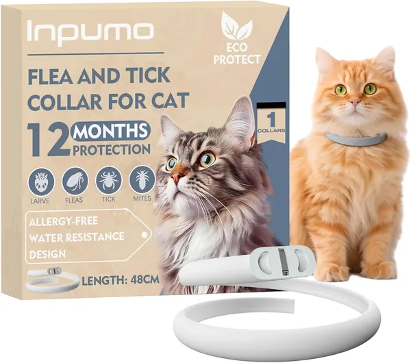 Collar antiparasitario Inpumo para gatos, resistente al agua, protección natural contra pulgas durante 12 meses, ajustable (48 cm)