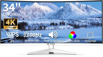 Écran de jeu CRUA 34" 100Hz WQHD Blanc - Moniteur PC Incurvé IPS, HDR10, FreeSync, 130% SRGB, 21:9 UltraWide, 3800R, Haut-parleurs