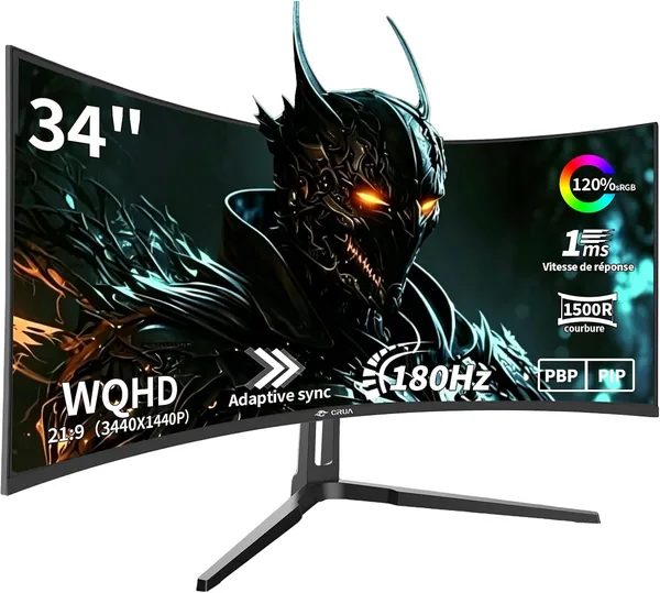 Écran PC Gaming CRUA 34 Pouces Incurvé 180Hz/165Hz, WQHD 3440x1440, 1ms VRB, HDMI 2.1 & DP 1.4 | Meilleur Prix