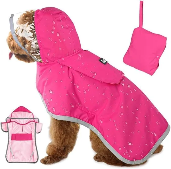 SlowTon Impermeable para Perros, Transparente Doble Capa Capucha, Impermeable para Perro con Rayas Reflectantes y Bolsillo