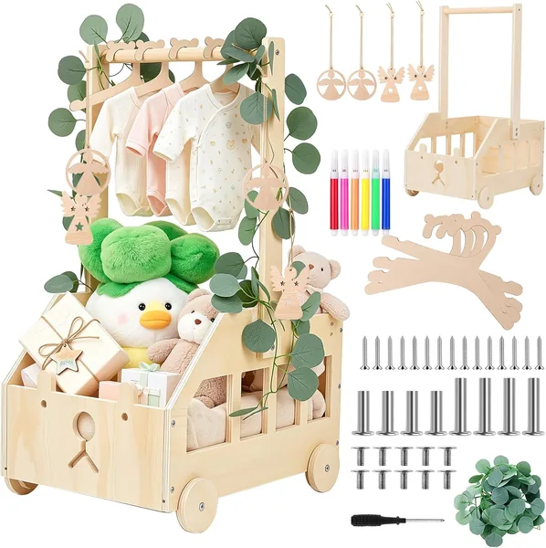 Cesta per la nascita in legno con ruote, manico e 5 appendini - Organizzatore regalo per prodotti neonato
