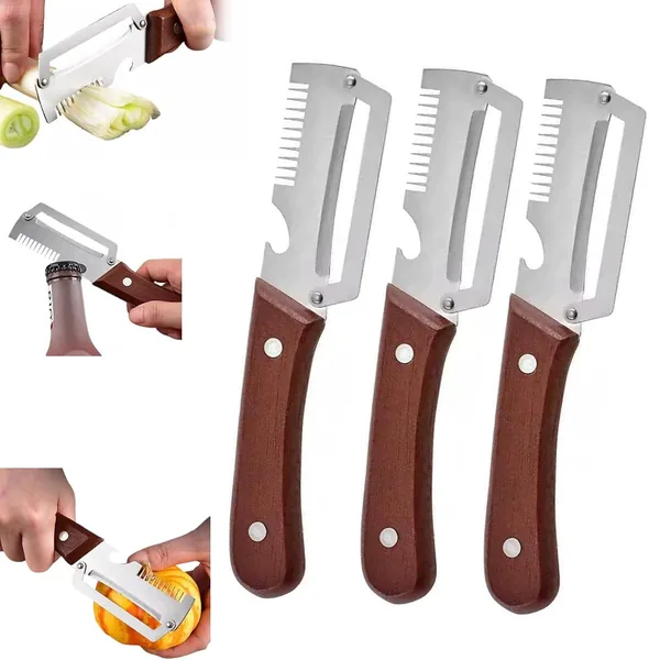 3 Pcs Vegetable Peeler with Wooden Handle, 3-in-1 Multi-Functional Kitchen Tool with Bottle Opener and Green Onion Shredde-r