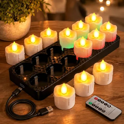 LED Teelichter mit Ladefunktion, Fernbedienung und Timer - 12er Set