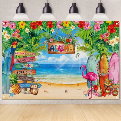Tło hawajskie Lato, 1,8 x 1,2 m, dekoracje Luau, tropikalne kwiaty i liście palmowe, motyw flaminga, Aloha, tło na imprezę