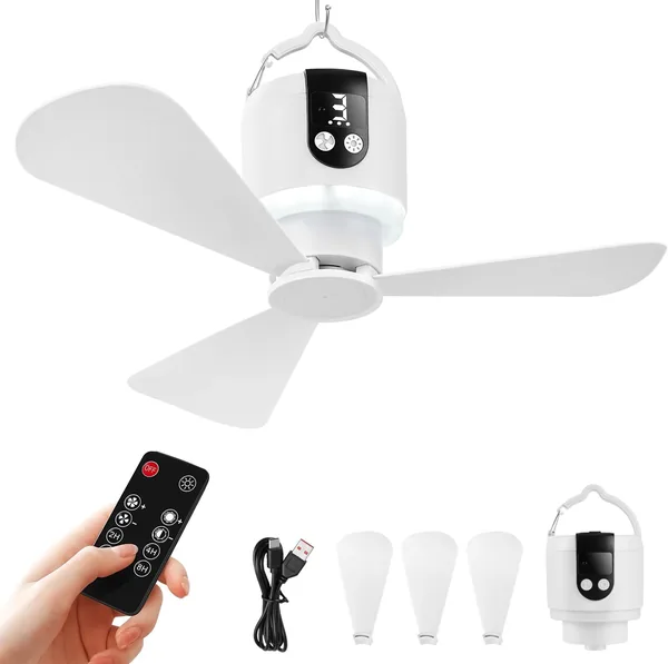 YISUN 18-Inch Portable Ceiling Fan for Tent Camping, 15600mAh Rechargeable Battery Fan with Light & Remote, 3 Detachable Blades, Timer, 3 Speeds for Outdoor Canopy Porch Gazebo