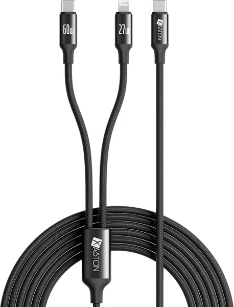 كابل شحن XASTON 2-في-1 USB-C و Lightning، 60W شحن سريع + 27W شحن سريع، 480Mbps بيانات، 1.2م سلك نيلون مبرّد ثنائي