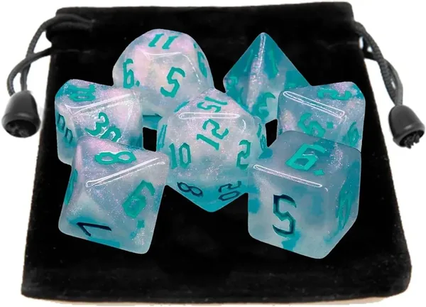 Datas de RPG - Conjunto com 7 Dados Aurora com Dicebag - The Chaos Teal font - Mercado RPG