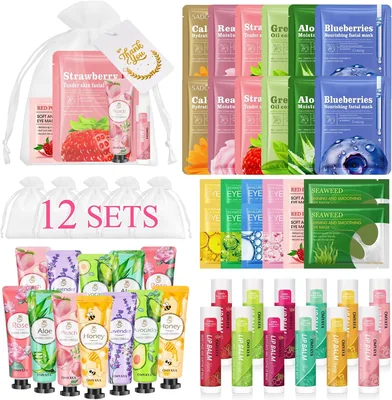 Kit de soin du visage pour femmes, 72 pièces avec masque, crème pour les mains, patchs pour les yeux, baume à lèvres, idéal pour soirée spa ou mariage