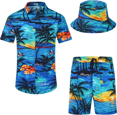 SPKPKEY Hawaiian Shirt & Shorts Men's Set, Ocean Blue, S, Best Deal