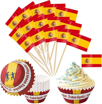 Decoraciones de Fútbol YESAH para la Copa Mundial 2026, 100 Estandartes de España en Forma de Pila, 100 Moldes para Pastel con Bandera Española para Tops de Pastel