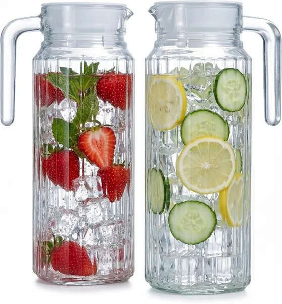 Pack of 2 Fridge Jugs 1.1 Litre Glass Water Jug with Lid Ergonomic Handle