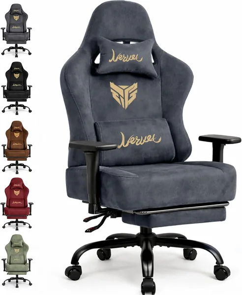 Gamer Chair Fabric Faux Suede Gamer Chair with Footrest Lumbar Cushion Headrest Height Adjustable 3D Armrests with Multiple Adjustable Arms