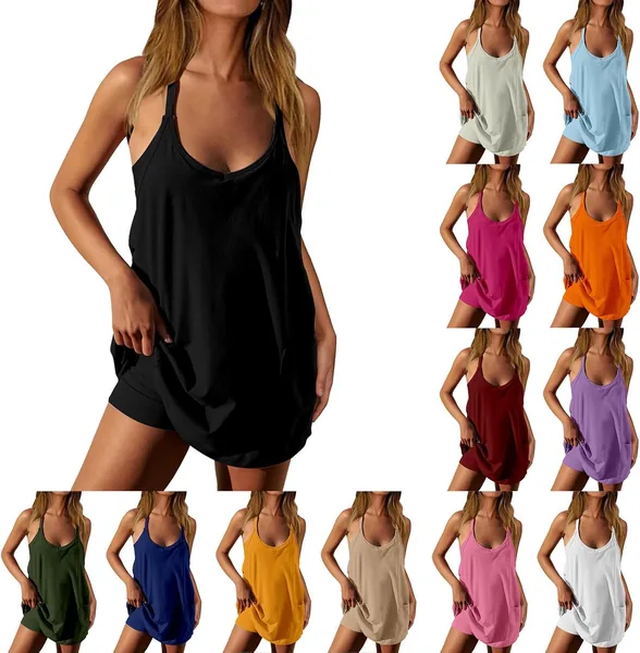 Women's Built in Shorts Dresses with Pockets Summer Sleeveless Spaghetti Strap Tennis Mini Dress Soft Athletic Romper Dress