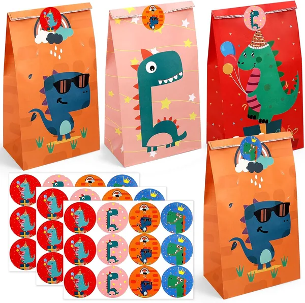 DESPONA 24 Bolsas de Papel con Diseño Dinosaurios y 36 Pegatinas