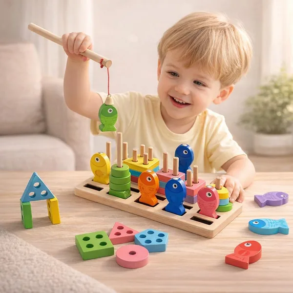 Brinquedo Montessori Pescaria Magn tica de Madeira 2 em 1 - Jogo Educativo com Formas Geom tricas e Peixes