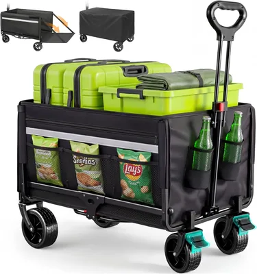 Handkarre Falte 120L+, bis zu 150 kg mit Heckklappe, Regenabdeckung, Bremsen | Reflektierende Streifen, Strandtrolley, faltbar