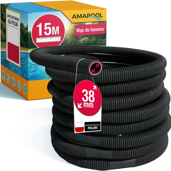 Amapool Wąż basenowy 38mm 15m czarny - Elastyczny & rozłączny, idealny do pompy, skimmera i filtra piaskowego