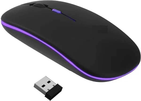 ماوس لاسلكي رفيع مع بطارية قابلة للشحن، BT + 2.4GHz، 1200 DPI، ماوس قابل للحمل وخفيف الوزن مع إضاءة LED