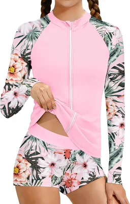 AGAPENG Girls Rash Guard Swimsuit 2 Piece Long Sleeve Tropical Print Beach Swimwear 9-16Y
