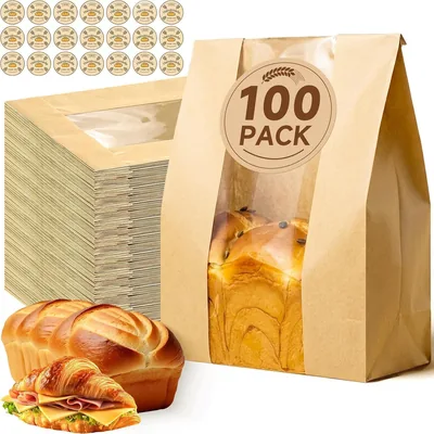 100 Pcs Bread Bags with Window & Stickers - Best Deal