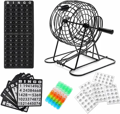 Jogo de Bingo Completo com 75 Bolas, Globo Giratório de Metal, 18 Cartelas Reutilizáveis e Marcadores - Save 15% off
