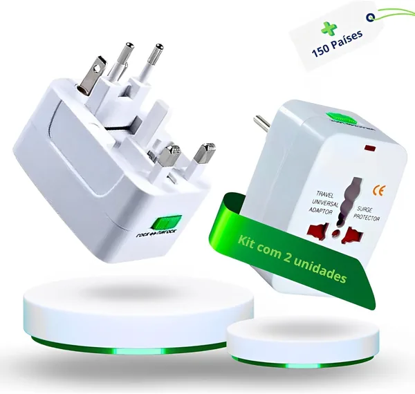 Kit com 2 Adaptadores de Tomada Universal Padrão Internacional para Mais de 150 Países - Viagem Bivolt EUA UK JP AU EU