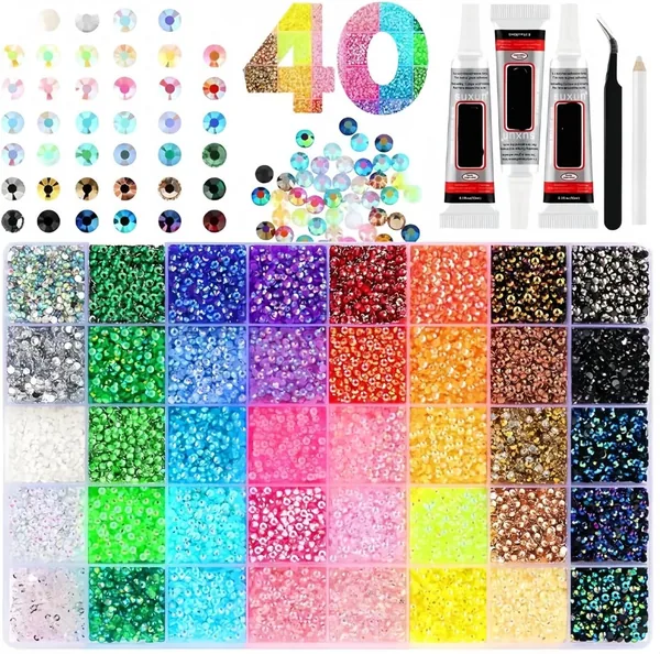 32000 Pcs Resin Rhinestones Kit,40 Colors 3mm Flatback Rhinestones with 3 Jewelry Glue & Tools
